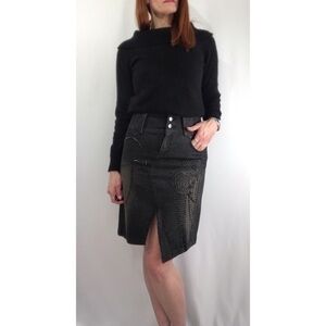 Motivi Black Monochrome Beaded High Waist Distressed Denim Skirt